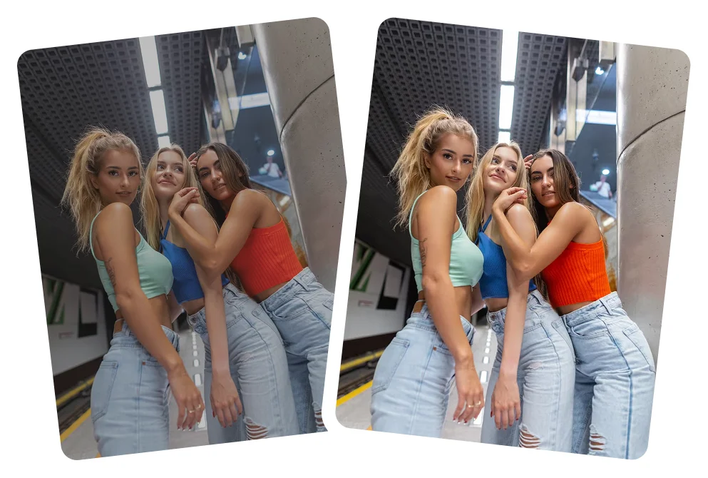 Group portrait enhancement Group selfie enhanced with AI detail restoration.