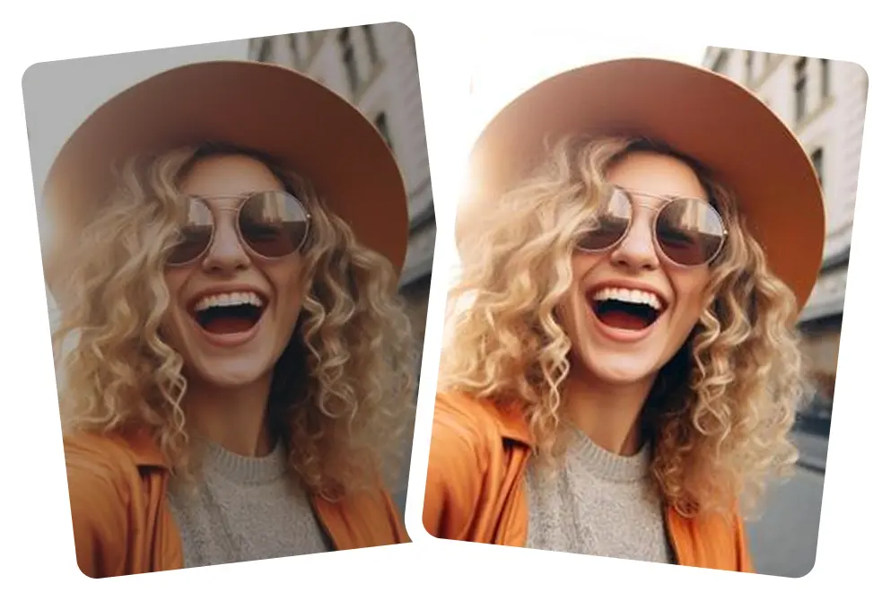 Sharper facial details in eyes, hair, and contours Sharper facial details with AI enhancement.