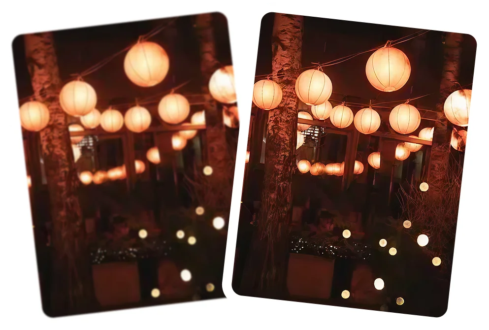 AI noise reduction cleans low-light photo noise.