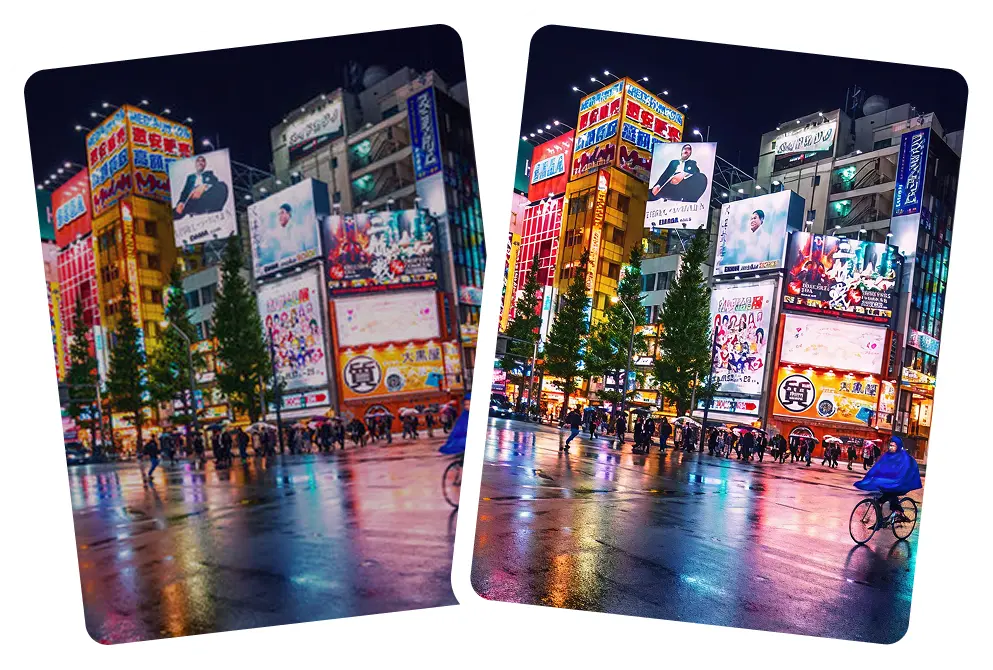 AI removes noise from night photo while keeping detail.