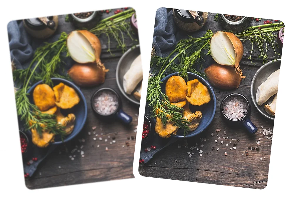 Sharpens blurry features while keeping natural look AI sharpness enhancement keeps a natural look.